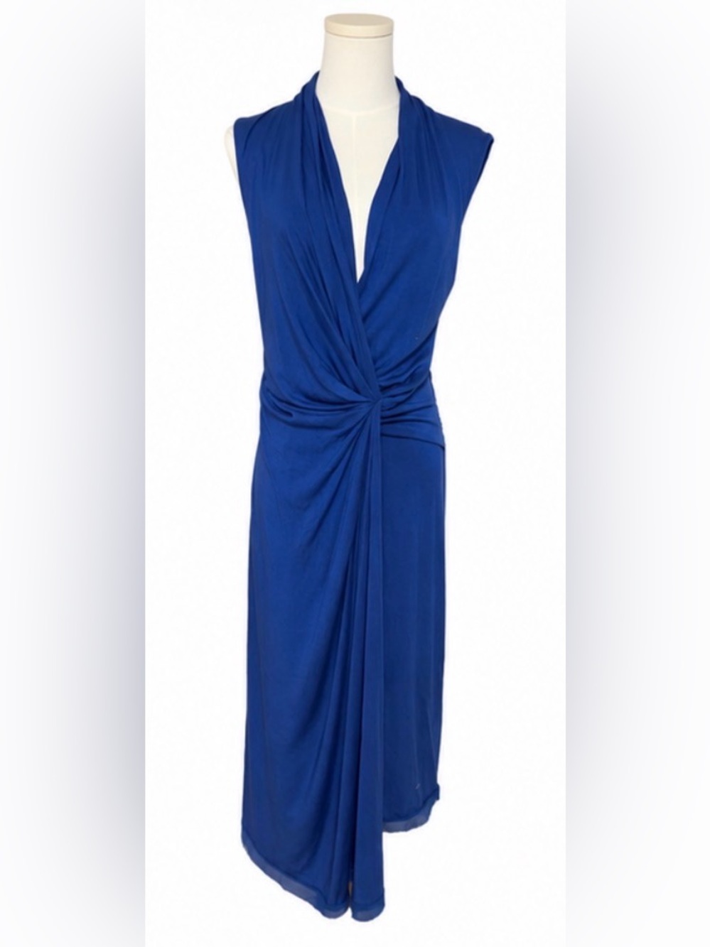 Kobi Halperin Blue Draped Knot Front Sleeveless Midi Dress Size M